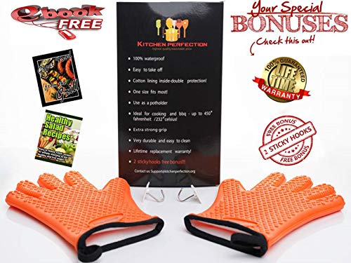 KITCHEN PERFECTION Silicone Smoker Oven Gloves -Extreme Heat Resistant BBQ Gloves-Handle Hot Food Right on Your Grill Fryer &Pit|Waterproof Grilling Cooking Baking Mitts|Superior Value Set +3 Bonuses