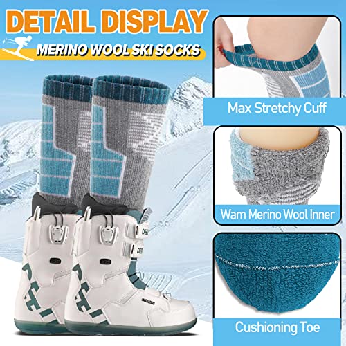 Anlisim Kids Merino Wool Ski Socks for Girls Boys Teen Thermal Winter Warm Thick Hiking Knee High Socks Stocking Stuffers for Skiing Snowboarding (Grey / Dark Blue / Green C, 12-15 Y)