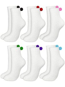 6 pairs women pom pom socks with balls fuzzy fluffy socks for women winter slipper socks crew socks stocking stuffer gifts (white)