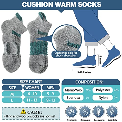 Merino Wool Ankle Hiking Socks Compression Warm Thermal Winter Thick Cushion Running Moisture Wicking No Show Socks Gifts Stocking Stuffers for Women Men 6 Pairs(Color Mix,M)