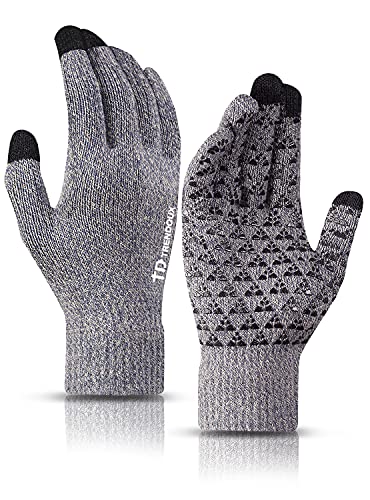 TRENDOUX Winter Gloves, Touch Screen Gloves - Knit Warm Unisex Texting Gloves - Anti-Slip - Elastic Cuff - Thermal Warm Lining - Hands Warm in Cold Weather - Stretchy Material Light Gray - L