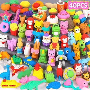 arscniek 40 pack pencil erasers for kids bulk toys, puzzle animal erasers 3d mini erasers take apart food erasers, party favors desk pets classroom prizes treasure box stocking stuffers for kid gifts