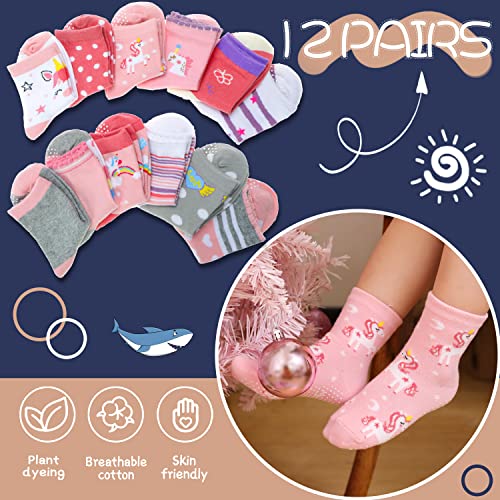 Baby Girls Toddlers Grips Socks Kids Non Slip/Anti Skid Unicorn Striped Crew Cotton Socks 12 Pairs Gift Stocking Stuffers (Girl's-Unicorn Pink(12 Pairs),3-5 Y)