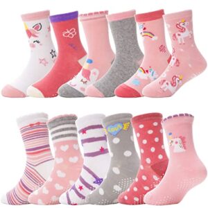 Baby Girls Toddlers Grips Socks Kids Non Slip/Anti Skid Unicorn Striped Crew Cotton Socks 12 Pairs Gift Stocking Stuffers (Girl's-Unicorn Pink(12 Pairs),3-5 Y)