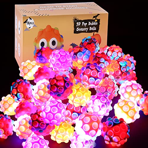 16 Packs Halloween Pop Glow Balls It Bulk, Kids Light Party Favors Fidget Stress Poppers Pops Keychain Poppet Set Dark Squishy Toy Box, Girl Boy Stocking Stuffers Birthday Supplies Pinata Filler Gift