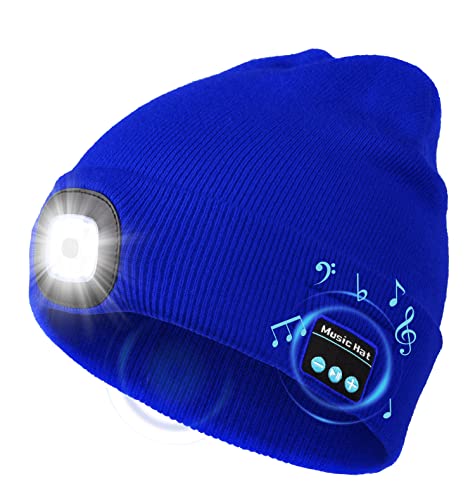 Bluetooth Beanie Hat with Light, Unique Tech Gifts for Men Husband Him Teen, Wireless Headphones for Fishing Jogging Working, Christmas Stocking Stuffers Blue