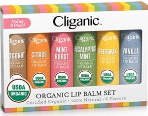 cliganic usda organic lip balm set – 6 flavors – 100% natural moisturizer for cracked & dry lips