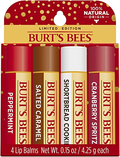 Burt's Bees Lip Balm Easter Basket Stuffers, Moisturizing Lip Care, Festive Fix Set - Peppermint, Salted Caramel, Cranberry Spritz & Shortbread Cookie (4 Pack)