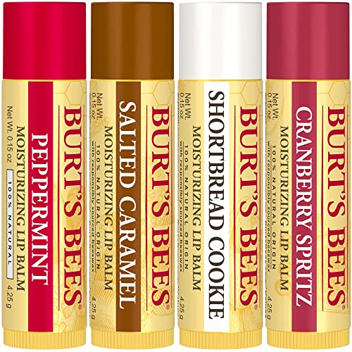 Burt's Bees Lip Balm Easter Basket Stuffers, Moisturizing Lip Care, Festive Fix Set - Peppermint, Salted Caramel, Cranberry Spritz & Shortbread Cookie (4 Pack)