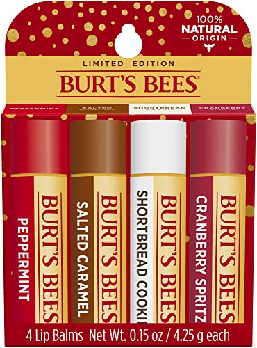 Burt's Bees Lip Balm Easter Basket Stuffers, Moisturizing Lip Care, Festive Fix Set - Peppermint, Salted Caramel, Cranberry Spritz & Shortbread Cookie (4 Pack)