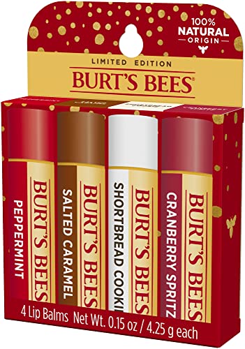 Burt's Bees Lip Balm Easter Basket Stuffers, Moisturizing Lip Care, Festive Fix Set - Peppermint, Salted Caramel, Cranberry Spritz & Shortbread Cookie (4 Pack)