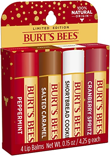 Burt's Bees Lip Balm Easter Basket Stuffers, Moisturizing Lip Care, Festive Fix Set - Peppermint, Salted Caramel, Cranberry Spritz & Shortbread Cookie (4 Pack)