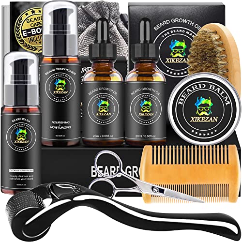 XIKEZAN Beard Growth Kit,w/Beard Roller,Beard Growth Oil,Beard Conditioner,Beard Wash,Balm,Comb,Brush,Scissor,Bag,EBook,Beard Care Grooming Kit Christmas Stocking Stuffers Gifts for Men Him Husband