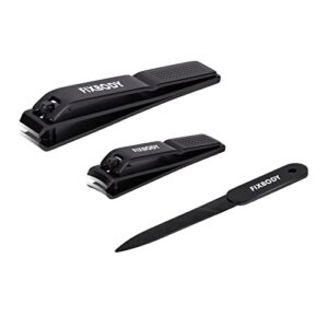 fixbody nail clipper set – black stainless steel fingernails & toenails clippers & nail file sharp nail cutter with leather case, gift for men and women, set of 3
