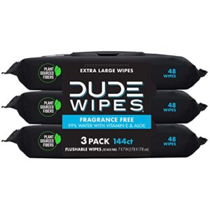 dude wipes flushable wipes – 3 pack, 144 wipes – unscented wet wipes with vitamin-e & aloe for at-home use – septic and sewer safe