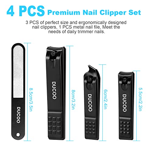 4 PCS Premium Nail Clippers Set, Ultra Sharp Large Toenail Clippers for Thick Nails, Small Fingernail Clipper, Slanted Nail Cutter, Stainless Steel Nail File, Nail Clippers for Men Women Kids (Black)