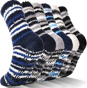 anlisim fuzzy slipper socks for men women fluffy cozy cabin fleece warm winter sleep home comfy plush sherpa non slip skid hospital socks with grips gift socks stocking stuffers 6 pairs (striped c)