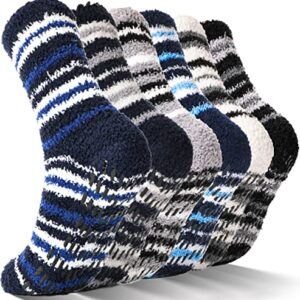 Anlisim Fuzzy Slipper Socks for Men Women Fluffy Cozy Cabin Fleece Warm Winter Sleep Home Comfy Plush Sherpa Non Slip Skid Hospital Socks with Grips Gift Socks Stocking Stuffers 6 Pairs (Striped C)