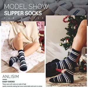 Anlisim Fuzzy Slipper Socks for Men Women Fluffy Cozy Cabin Fleece Warm Winter Sleep Home Comfy Plush Sherpa Non Slip Skid Hospital Socks with Grips Gift Socks Stocking Stuffers 6 Pairs (Striped C)