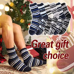 Anlisim Fuzzy Slipper Socks for Men Women Fluffy Cozy Cabin Fleece Warm Winter Sleep Home Comfy Plush Sherpa Non Slip Skid Hospital Socks with Grips Gift Socks Stocking Stuffers 6 Pairs (Striped C)