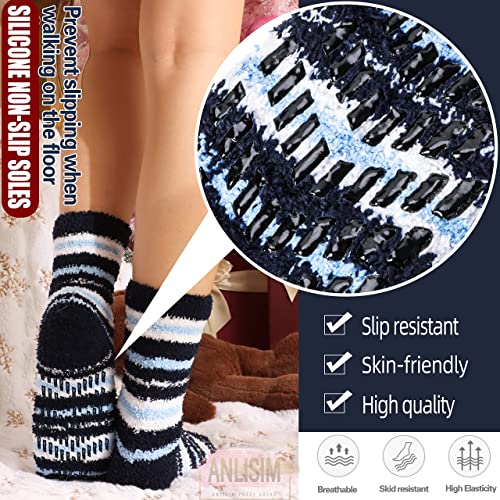 Anlisim Fuzzy Slipper Socks for Men Women Fluffy Cozy Cabin Fleece Warm Winter Sleep Home Comfy Plush Sherpa Non Slip Skid Hospital Socks with Grips Gift Socks Stocking Stuffers 6 Pairs (Striped C)