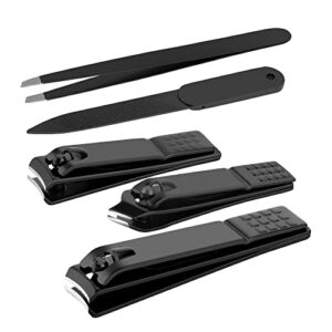 nail clippers set black matte stainless steel fingernail & thick toenail & ingrown nail clippers & tweezers & nail file, perfect 5 pcs nail clippers cutter for men and women(black)
