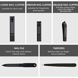 Nail Clippers Set Black Matte Stainless Steel Fingernail & Thick Toenail & Ingrown Nail Clippers & Tweezers & Nail file, Perfect 5 pcs Nail Clippers Cutter for Men and Women(Black)