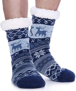 ebmore mens slipper fuzzy socks fluffy winter cabin cozy warm soft fleece thick comfy christmas gift stocking stuffers with grips(blue deer)