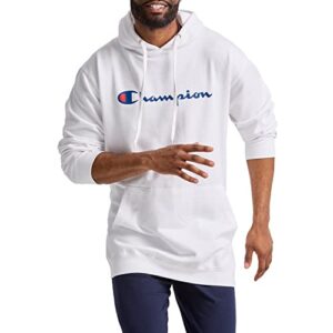champion powerblend fleece hoodie, hooded sweatshirt for men, (reg. or big & tall), white script, small