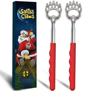 2 extendable back scratchers, santa’s claws telescopic back massager in christmas gifts box, funny christmas stocking stuffer for men, dads women, adults. christmas bear claw massage tool for back