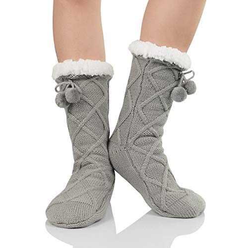 Zando Slipper Socks for Women Fluffy Cozy Fleece-Lined Fuzzy Socks Cabin Warm Winter Socks Soft Thick Comfy Christmas Anti Slip Socks Non Skid Hospital Socks Home Stocking Stuffer Sock O Grey