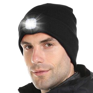 attikee led lighted beanie, unisex warm knitted hat, rechargeable headlamp cap for outdoors, tech gift for men dad father him black