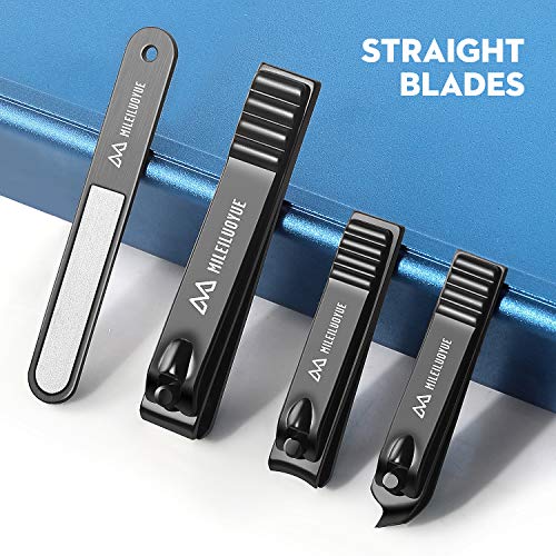 MILEILUOYUE Nail Clippers Set Black Stainless Steel Nail Cutter& Sharp Oblique Toe Nail Clipper & Nail File 4 Pieces, Metal tin Box for Men and Women Suitable for Gifts.