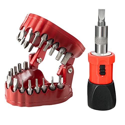 NICENICY Denture Drill Bit Holder, 2-in-1 Screwdriver& Desk Gadget with 28PCS 1/4” Hex Bits, Stocking Stuffer for Husband, Gag Gift for Dentist, Magnetic Gums to Organize Bits, Red