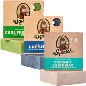 dr. squatch all natural bar soap for men, 3 bar variety pack, new coconut castaway, fresh falls, and cool fresh aloe – natural men’s bar soap