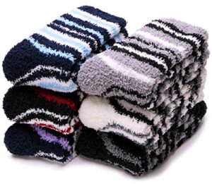 fuzzy socks for men & women slipper fluffy warm winter non slip skid thick cozy sleep socks with grips cabin soft stocking stuffers christmas gift socks（stripe 6 pairs)