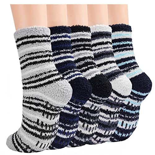 Fuzzy Socks Men with Grippers, Winter Fluffy Slipper Socks Stocking Stuffers Mens Hospital Socks Cozy Warm Non Slip Heated Plush Sleep Footies 5 Pairs