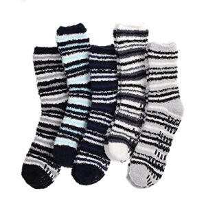 Fuzzy Socks Men with Grippers, Winter Fluffy Slipper Socks Stocking Stuffers Mens Hospital Socks Cozy Warm Non Slip Heated Plush Sleep Footies 5 Pairs