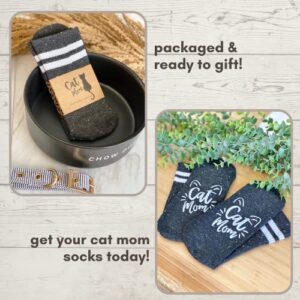 Boutique Cat Mom Crew Socks for Women - Soft Fuzzy No Slip Grip Soles - Fun Novelty Wife, Grandma, or Girl Birthday Gift or Christmas Present Stocking Stuffer - Sock Gifts for Best Friend - Charcoal