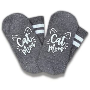 boutique cat mom crew socks for women – soft fuzzy no slip grip soles – fun novelty wife, grandma, or girl birthday gift or christmas present stocking stuffer – sock gifts for best friend – charcoal