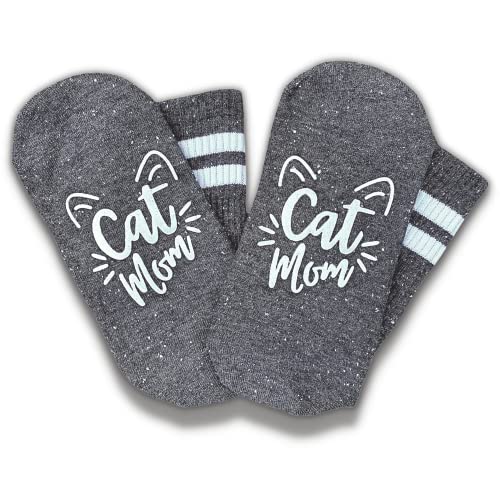 Boutique Cat Mom Crew Socks for Women - Soft Fuzzy No Slip Grip Soles - Fun Novelty Wife, Grandma, or Girl Birthday Gift or Christmas Present Stocking Stuffer - Sock Gifts for Best Friend - Charcoal