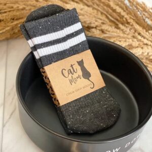 Boutique Cat Mom Crew Socks for Women - Soft Fuzzy No Slip Grip Soles - Fun Novelty Wife, Grandma, or Girl Birthday Gift or Christmas Present Stocking Stuffer - Sock Gifts for Best Friend - Charcoal