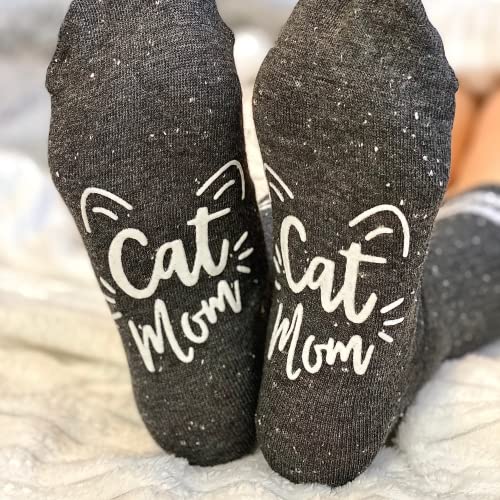 Boutique Cat Mom Crew Socks for Women - Soft Fuzzy No Slip Grip Soles - Fun Novelty Wife, Grandma, or Girl Birthday Gift or Christmas Present Stocking Stuffer - Sock Gifts for Best Friend - Charcoal