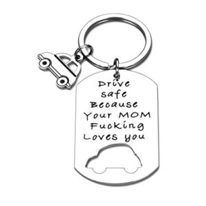 funny new driver gift drive safe your mom loves you keychain for son daughter from mom dad stocking stuffer trucker bff 16th birthday gift promise keyring valentine for teens adult boys girls him her