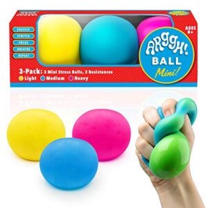 power your fun arggh mini stress balls for adults and kids – 3pk squishy stress balls with light, medium, heavy resistances, fidget toy sensory stress anxiety relief squeeze toys (yellow, pink, blue)