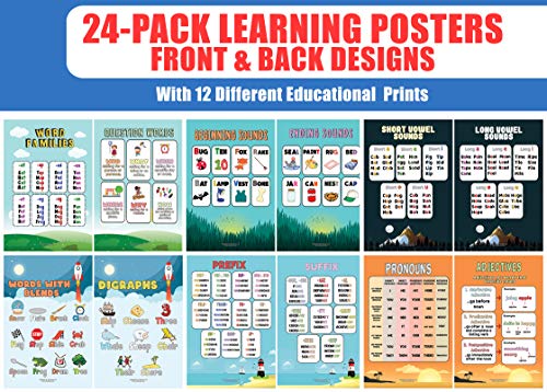 Creanoso Delightful Primary English Educational Learning Posters (24-Pack) - Premium Quality Gift Ideas for Children, Teens, & Adults for All Occasions - Stocking Stuffers Party Favor & Giveaways