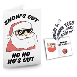 prank xmas greeting card plays raunchy sounds when opened. 3 pack has big fake stop button. 20 hilarious seconds of nonstop naughty sound. extra loud adult gag gift or stocking stuffer for fun friends