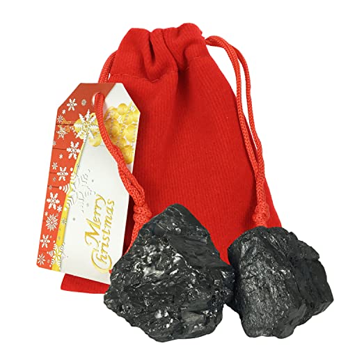 QGP Christmas Coal Bag Extra Large, Real USA Coal, Ultimate Naughty List Lump of Coal Christmas Surprise! Plush Red Velvet Jewelry Bag, Designer Gift Tag! Stocking Stuffer, Anthracite Coal, Xmas Coal