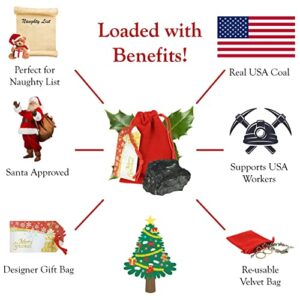 QGP Christmas Coal Bag Extra Large, Real USA Coal, Ultimate Naughty List Lump of Coal Christmas Surprise! Plush Red Velvet Jewelry Bag, Designer Gift Tag! Stocking Stuffer, Anthracite Coal, Xmas Coal