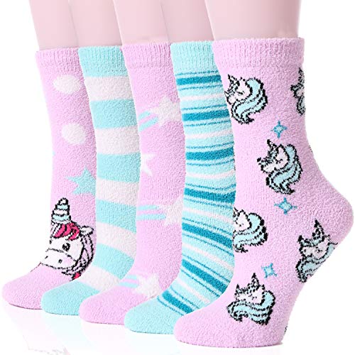 EBMORE Womens Fuzzy Socks Slipper Soft Cabin Plush Warm Fluffy Winter Christmas Sleep Stocking Stuffers Cozy Adult Socks（Unicorn(5 Pairs)）